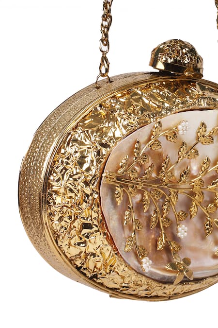 Buy_Nazaakat By Samara Singh_Gold Applique, Pearls, Beads Mother Of And Floral Embellished Clutch 