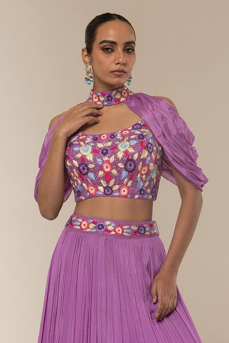Buy Libas Cafe by Nidhi & Ashish Purple Crepe Embroidery Sweetheart , High Floral Blouse With Lehenga Online at Aza Fashions Buy_Libas Cafe by Nidhi & Ashish_Purple Crepe Embroidery Sweetheart , High Floral Blouse With Lehenga _Online_at_Aza_Fashions