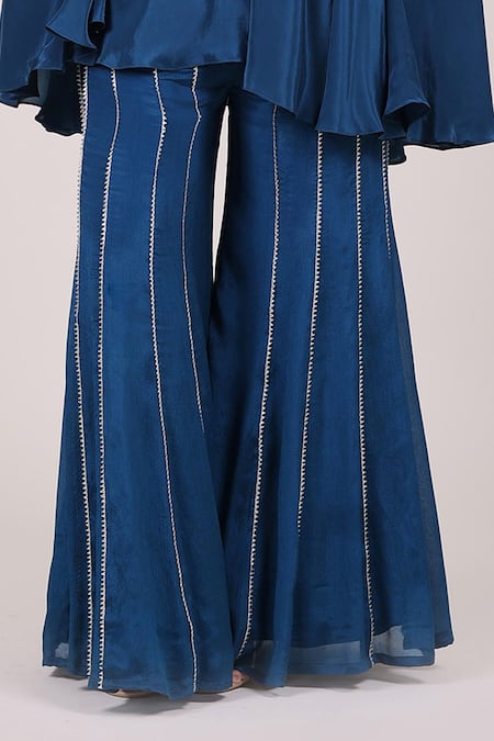 Buy_Myra Clothing Line_Blue Crepe, Chinon Beads, Sequins V-neck Embellished Kaftan And Palazzo Set 