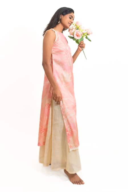 Amaltas Couture_Pink Silk, Organza Embroidery Round Neck Printed Kurta And Sharara Set _Online_at_Aza_Fashions
