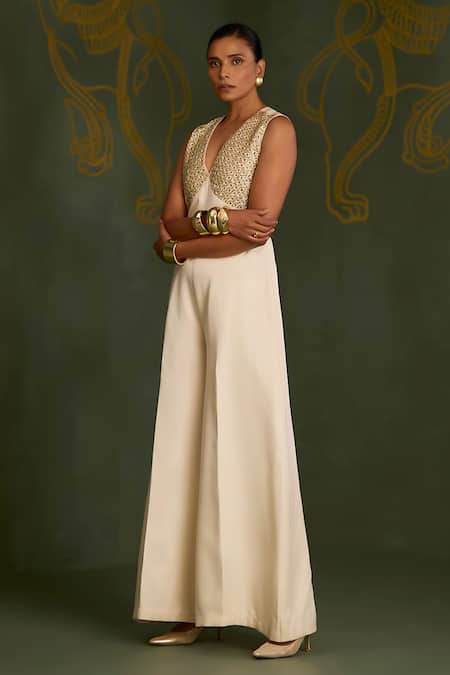 Shop_Sitaraa_Ivory Embroidery V-neck Tala Jumpsuit _Online_at_Aza_Fashions