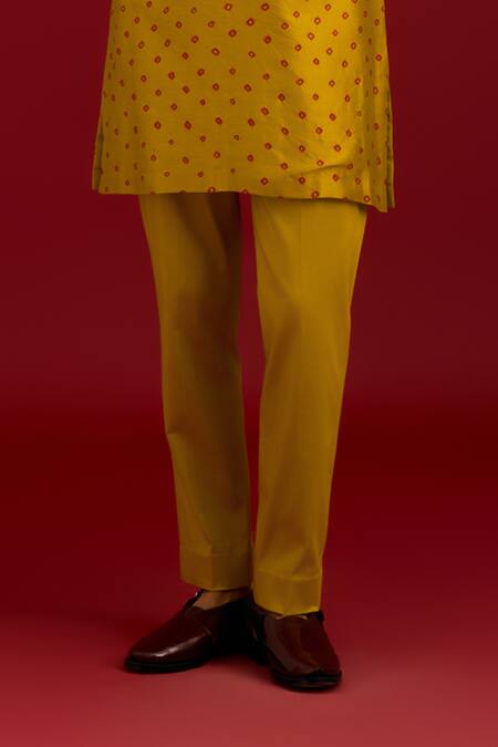 Buy_Devnaagri_Mustard Chanderi, Cotton, Lycra Embroidery Bandhej Kurta And Pant Set _Online_at_Aza_Fashions