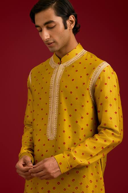 Shop_Devnaagri_Mustard Chanderi, Cotton, Lycra Embroidery Bandhej Kurta And Pant Set _Online_at_Aza_Fashions