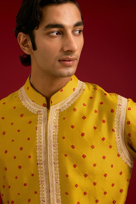Devnaagri_Mustard Chanderi, Cotton, Lycra Embroidery Bandhej Kurta And Pant Set _at_Aza_Fashions