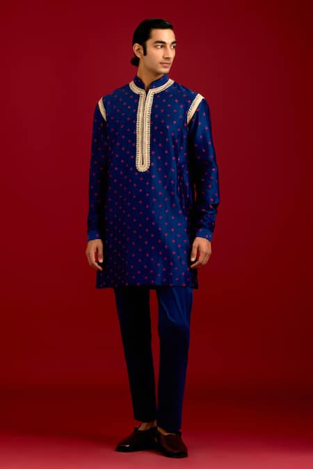 Buy Devnaagri Navy Chanderi, Cotton, Lycra Mirrors, Sequins, Bandhej Pattern Kurta With Pant Online at Aza Fashions Buy_Devnaagri_Navy Chanderi, Cotton, Lycra Mirrors, Sequins, Bandhej Pattern Kurta With Pant _Online_at_Aza_Fashions