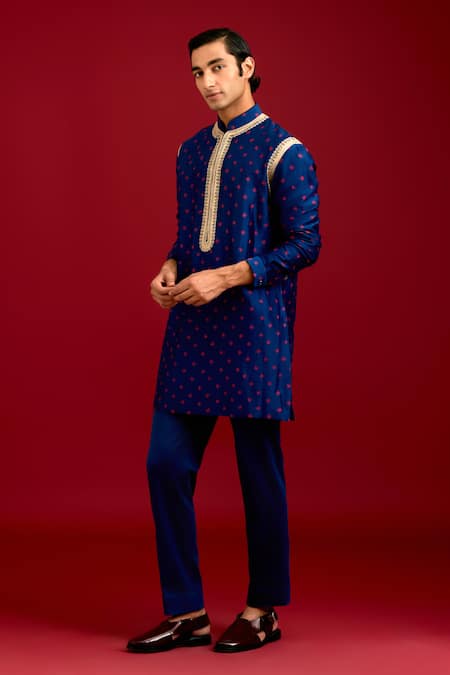 Shop Devnaagri Navy Chanderi, Cotton, Lycra Mirrors, Sequins, Bandhej Pattern Kurta With Pant Online at Aza Fashions Shop_Devnaagri_Navy Chanderi, Cotton, Lycra Mirrors, Sequins, Bandhej Pattern Kurta With Pant _Online_at_Aza_Fashions