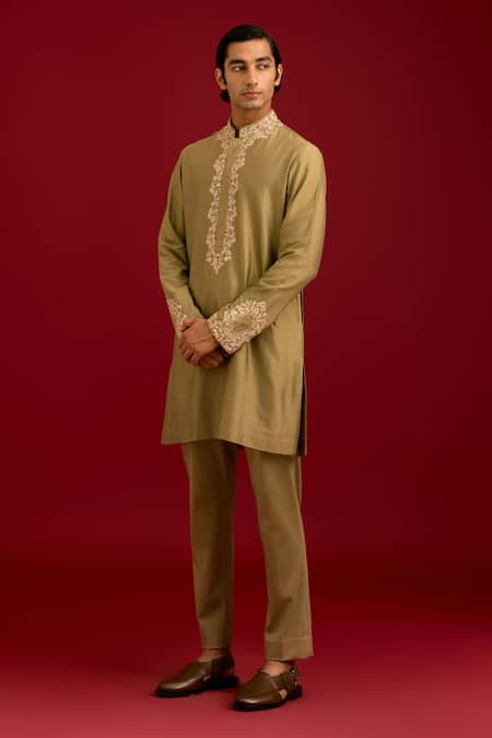 Buy Devnaagri Olive Green Cotton, Silk, Lycra Mirrors, Sequins, Embroidery And Dori Kurta Set Online at Aza Fashions Buy_Devnaagri_Olive Green Cotton, Silk, Lycra Mirrors, Sequins, Embroidery And Dori Kurta Set _Online_at_Aza_Fashions