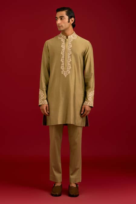 Shop Devnaagri Olive Green Cotton, Silk, Lycra Mirrors, Sequins, Embroidery And Dori Kurta Set Online at Aza Fashions Shop_Devnaagri_Olive Green Cotton, Silk, Lycra Mirrors, Sequins, Embroidery And Dori Kurta Set _Online_at_Aza_Fashions