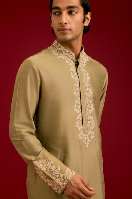 Devnaagri Olive Green Cotton, Silk, Lycra Mirrors, Sequins, Embroidery And Dori Kurta Set at Aza Fashions Devnaagri_Olive Green Cotton, Silk, Lycra Mirrors, Sequins, Embroidery And Dori Kurta Set _at_Aza_Fashions