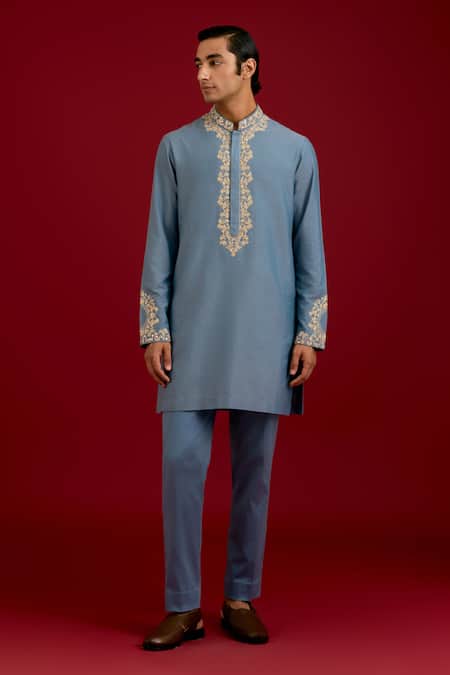 Devnaagri_Sky Blue Cotton, Silk, Lycra Embroidery, Mirrors, Sequins Work Kurta Set _Online_at_Aza_Fashions