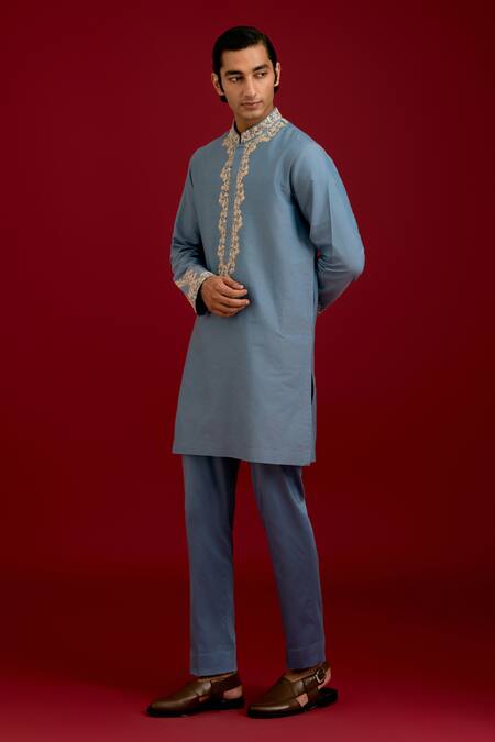 Buy_Devnaagri_Sky Blue Cotton, Silk, Lycra Embroidery, Mirrors, Sequins Work Kurta Set _Online_at_Aza_Fashions