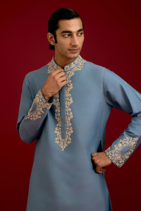 Shop_Devnaagri_Sky Blue Cotton, Silk, Lycra Embroidery, Mirrors, Sequins Work Kurta Set _Online_at_Aza_Fashions