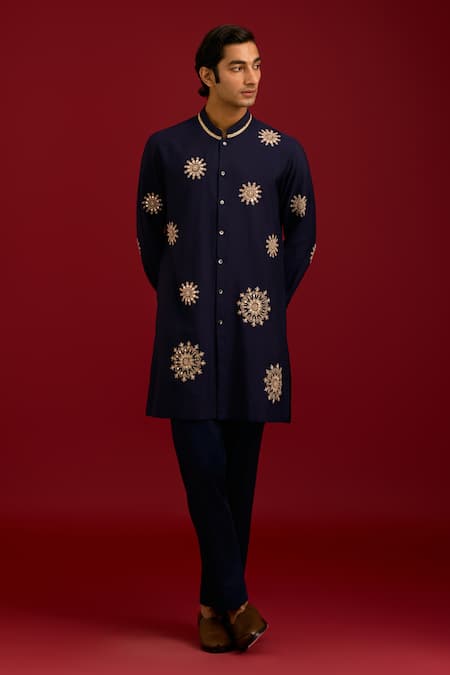 Devnaagri_Navy Cotton, Silk, Lycra Mirrors, Sequins, Embroidery Work And Dori Kurta Set _Online_at_Aza_Fashions