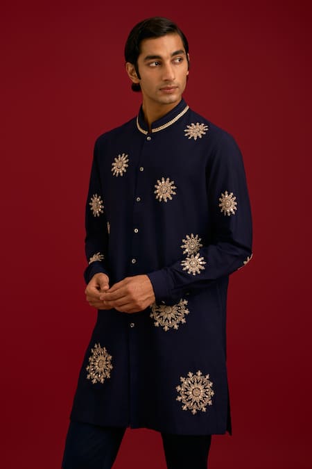 Shop_Devnaagri_Navy Cotton, Silk, Lycra Mirrors, Sequins, Embroidery Work And Dori Kurta Set _Online_at_Aza_Fashions