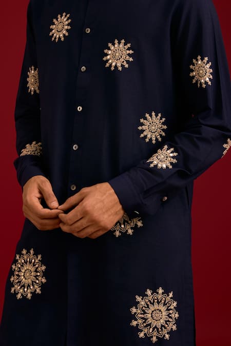 Devnaagri_Navy Cotton, Silk, Lycra Mirrors, Sequins, Embroidery Work And Dori Kurta Set _at_Aza_Fashions