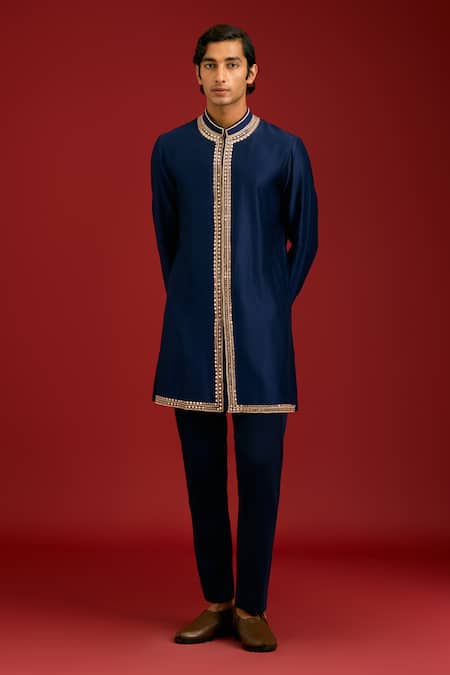 Devnaagri Navy Chanderi, Cotton, Lycra Mirrors, Sequins, Embroidery And Dori Kurta Set Online at Aza Fashions Devnaagri_Navy Chanderi, Cotton, Lycra Mirrors, Sequins, Embroidery And Dori Kurta Set _Online_at_Aza_Fashions