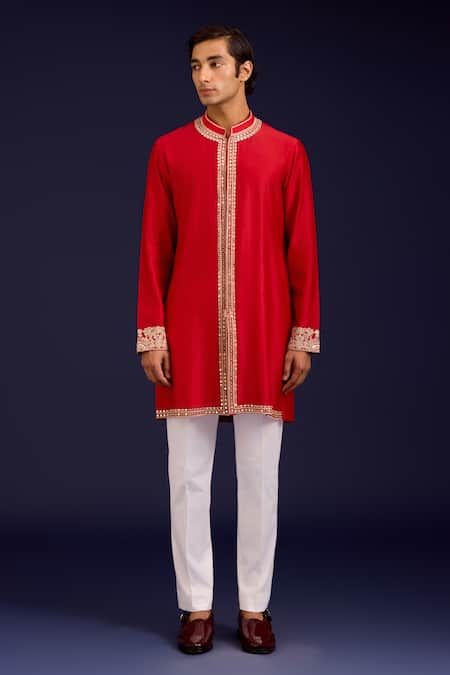 Devnaagri Red Chanderi, Cotton, Lycra Mirrors, Sequins, Embroidery And Dori Kurta Set Online at Aza Fashions Devnaagri_Red Chanderi, Cotton, Lycra Mirrors, Sequins, Embroidery And Dori Kurta Set _Online_at_Aza_Fashions