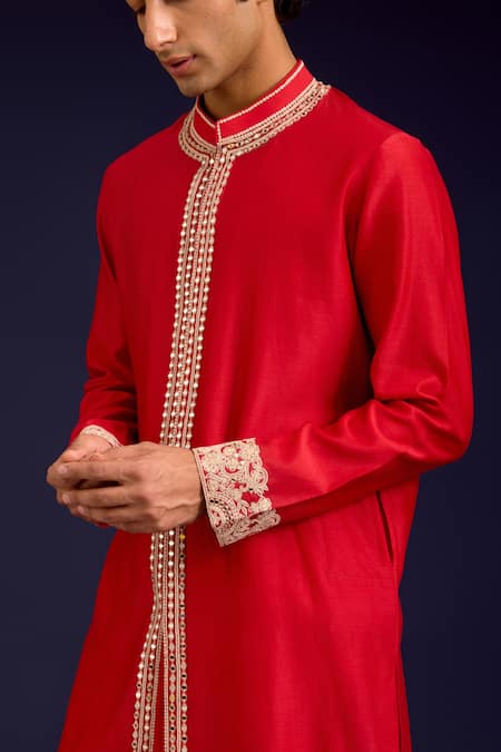 Shop Devnaagri Red Chanderi, Cotton, Lycra Mirrors, Sequins, Embroidery And Dori Kurta Set Online at Aza Fashions Shop_Devnaagri_Red Chanderi, Cotton, Lycra Mirrors, Sequins, Embroidery And Dori Kurta Set _Online_at_Aza_Fashions