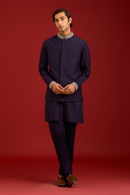 Devnaagri Mirror Work & Dori Embroidered Bundi Kurta Set 