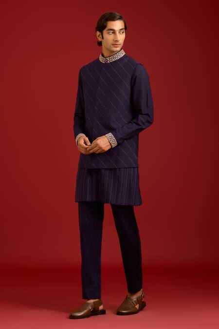Devnaagri_Navy Cotton, Silk, Lycra Mirrors, Embroidery Work And Dori Bundi Kurta Set _Online_at_Aza_Fashions