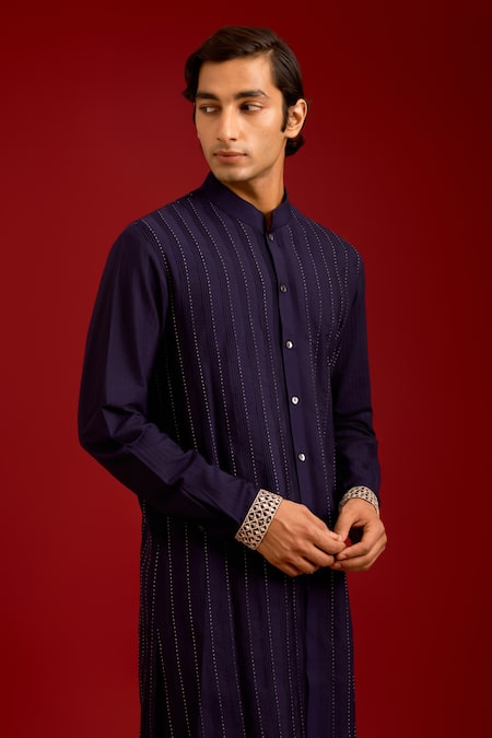 Buy_Devnaagri_Navy Cotton, Silk, Lycra Mirrors, Embroidery Work And Dori Bundi Kurta Set _Online_at_Aza_Fashions