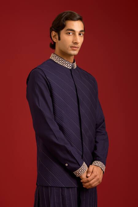 Shop_Devnaagri_Navy Cotton, Silk, Lycra Mirrors, Embroidery Work And Dori Bundi Kurta Set _Online_at_Aza_Fashions