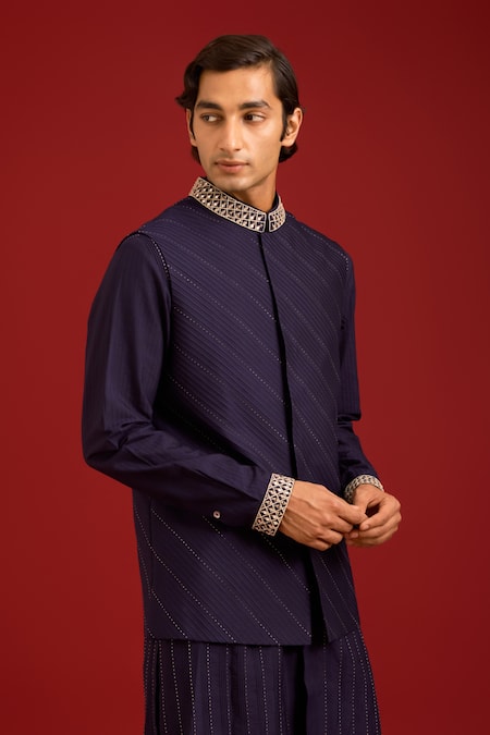 Devnaagri_Navy Cotton, Silk, Lycra Mirrors, Embroidery Work And Dori Bundi Kurta Set _at_Aza_Fashions