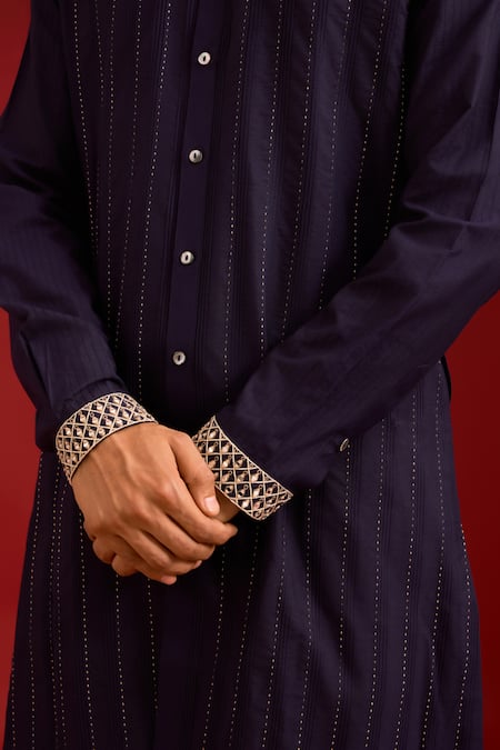 Buy_Devnaagri_Navy Cotton, Silk, Lycra Mirrors, Embroidery Work And Dori Bundi Kurta Set 