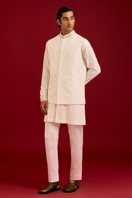 Devnaagri_Ivory Cotton, Silk, Lycra Mirrors, Embroidery Pintuck Pattern Bundi Kurta Set _Online_at_Aza_Fashions
