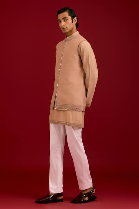 Devnaagri_Beige Linen, Satin, Cotton, Silk, Lycra Mirrors, Sequins, Work Bundi Kurta Set _Online_at_Aza_Fashions