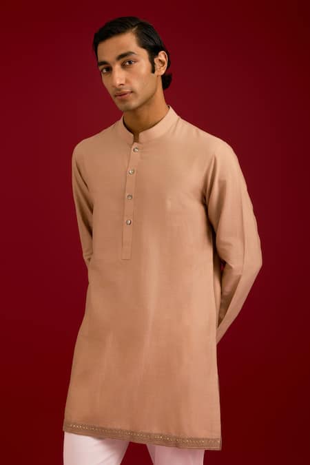 Shop_Devnaagri_Beige Linen, Satin, Cotton, Silk, Lycra Mirrors, Sequins, Work Bundi Kurta Set _Online_at_Aza_Fashions