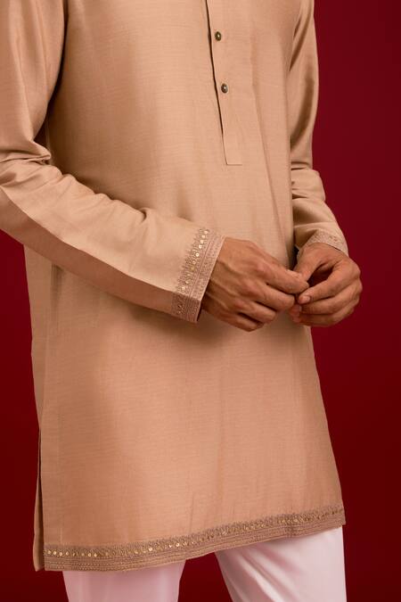 Buy_Devnaagri_Beige Linen, Satin, Cotton, Silk, Lycra Mirrors, Sequins, Work Bundi Kurta Set 