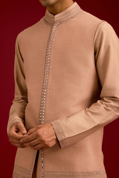 Shop_Devnaagri_Beige Linen, Satin, Cotton, Silk, Lycra Mirrors, Sequins, Work Bundi Kurta Set 