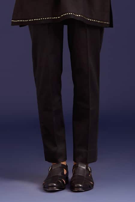 Devnaagri_Black Linen, Satin, Cotton, Silk, Lycra Mirrors, Sequins, And Bundi Kurta Set _Online_at_Aza_Fashions