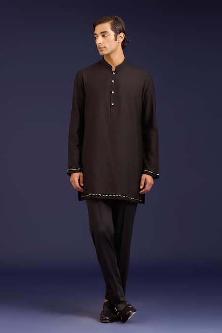 Buy_Devnaagri_Black Linen, Satin, Cotton, Silk, Lycra Mirrors, Sequins, And Bundi Kurta Set _Online_at_Aza_Fashions