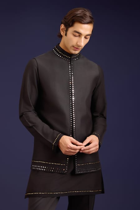 Shop_Devnaagri_Black Linen, Satin, Cotton, Silk, Lycra Mirrors, Sequins, And Bundi Kurta Set _Online_at_Aza_Fashions