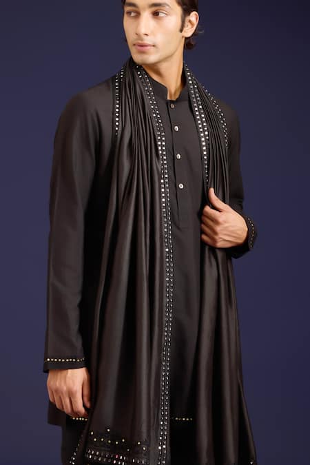 Devnaagri_Black Linen, Satin, Cotton, Silk, Lycra Mirrors, Sequins, And Bundi Kurta Set _at_Aza_Fashions