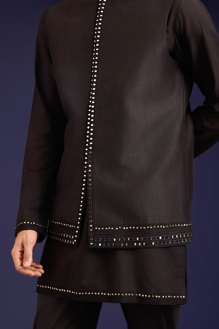 Buy_Devnaagri_Black Linen, Satin, Cotton, Silk, Lycra Mirrors, Sequins, And Bundi Kurta Set 