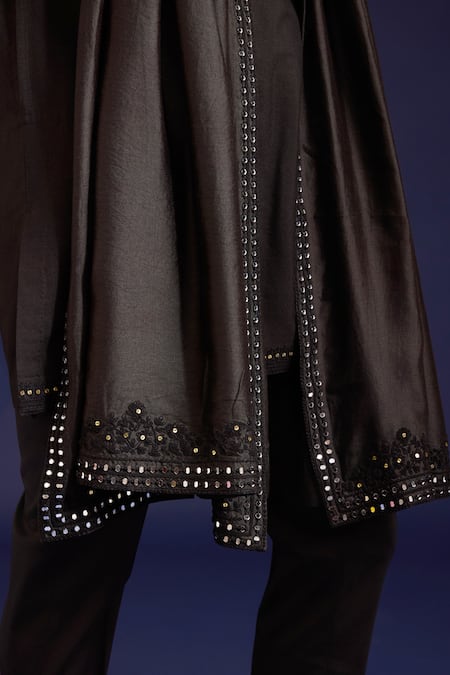 Shop_Devnaagri_Black Linen, Satin, Cotton, Silk, Lycra Mirrors, Sequins, And Bundi Kurta Set 