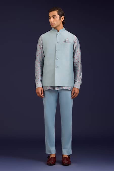 Devnaagri Sky Blue Linen, Satin, Chanderi, Cotton, Lycra Front Buttoned Bundi And Pant Set Online at Aza Fashions Devnaagri_Sky Blue Linen, Satin, Chanderi, Cotton, Lycra Front Buttoned Bundi And Pant Set _Online_at_Aza_Fashions