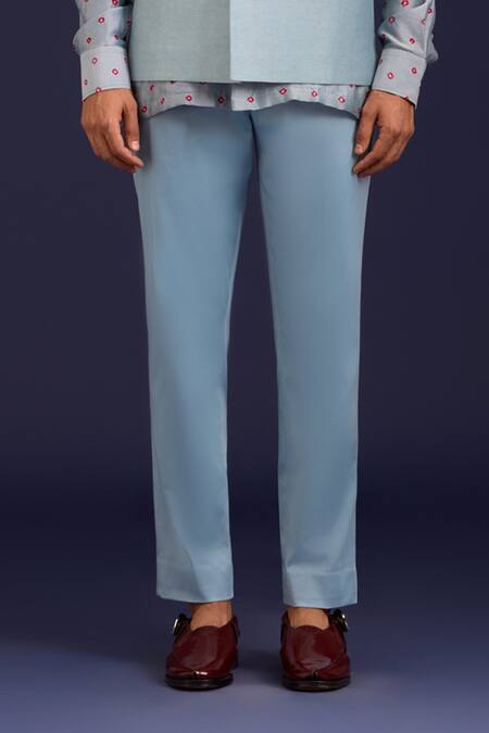 Buy Devnaagri Sky Blue Linen, Satin, Chanderi, Cotton, Lycra Front Buttoned Bundi And Pant Set Online at Aza Fashions Buy_Devnaagri_Sky Blue Linen, Satin, Chanderi, Cotton, Lycra Front Buttoned Bundi And Pant Set _Online_at_Aza_Fashions