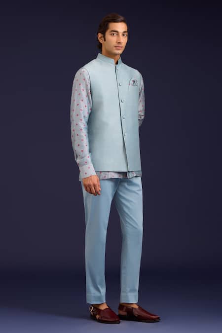 Shop Devnaagri Sky Blue Linen, Satin, Chanderi, Cotton, Lycra Front Buttoned Bundi And Pant Set Online at Aza Fashions Shop_Devnaagri_Sky Blue Linen, Satin, Chanderi, Cotton, Lycra Front Buttoned Bundi And Pant Set _Online_at_Aza_Fashions