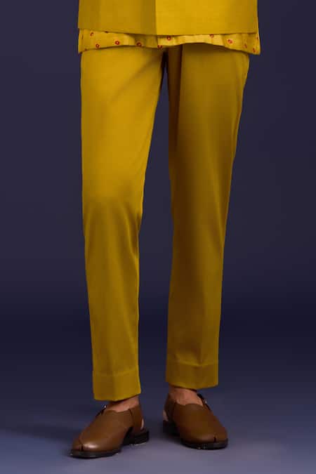 Buy_Devnaagri_Mustard Linen, Satin, Chanderi, Cotton, Lycra Mirrors, Bandhej Shirt And Bundi Set _Online_at_Aza_Fashions