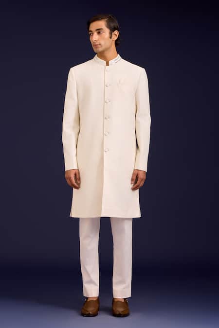 Buy Devnaagri Ivory Cotton, Silk, Lycra Embroidery Pintuck Pattern Sherwani And Pant Set Online at Aza Fashions Buy_Devnaagri_Ivory Cotton, Silk, Lycra Embroidery Pintuck Pattern Sherwani And Pant Set _Online_at_Aza_Fashions