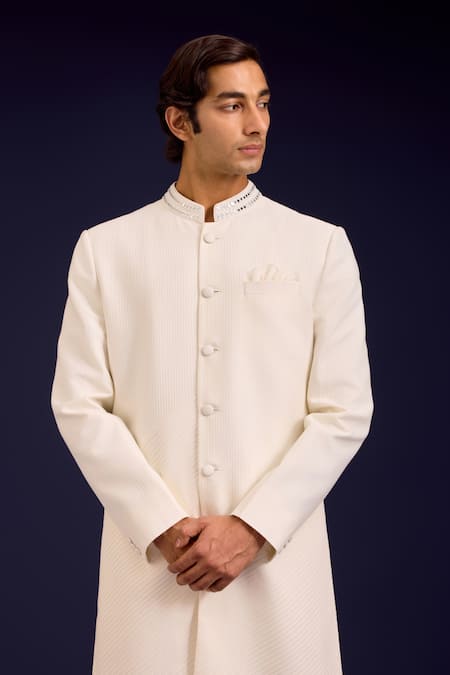 Devnaagri Ivory Cotton, Silk, Lycra Embroidery Pintuck Pattern Sherwani And Pant Set at Aza Fashions Devnaagri_Ivory Cotton, Silk, Lycra Embroidery Pintuck Pattern Sherwani And Pant Set _at_Aza_Fashions