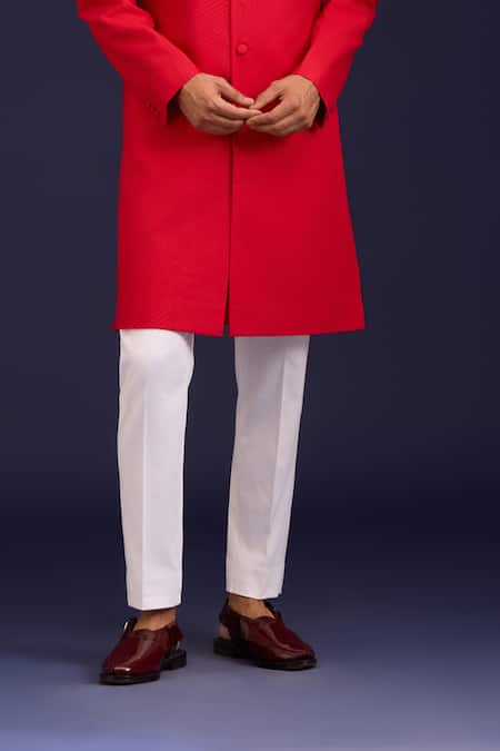 Shop_Devnaagri_Red Cotton, Silk, Lycra Mirrors, Embroidery Pintuck Pattern Sherwani And Pant Set _Online_at_Aza_Fashions