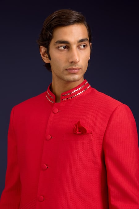 Devnaagri_Red Cotton, Silk, Lycra Mirrors, Embroidery Pintuck Pattern Sherwani And Pant Set _at_Aza_Fashions