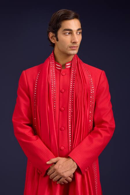 Buy_Devnaagri_Red Cotton, Silk, Lycra Mirrors, Embroidery Pintuck Pattern Sherwani And Pant Set 