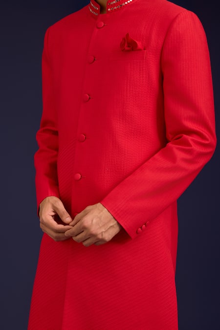 Shop_Devnaagri_Red Cotton, Silk, Lycra Mirrors, Embroidery Pintuck Pattern Sherwani And Pant Set 