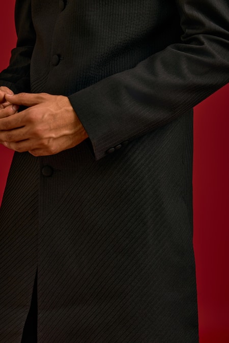 Devnaagri Black Cotton, Silk, Lycra Pintuck Pattern Sherwani And Pant Set Online at Aza Fashions Devnaagri_Black Cotton, Silk, Lycra Pintuck Pattern Sherwani And Pant Set _Online_at_Aza_Fashions